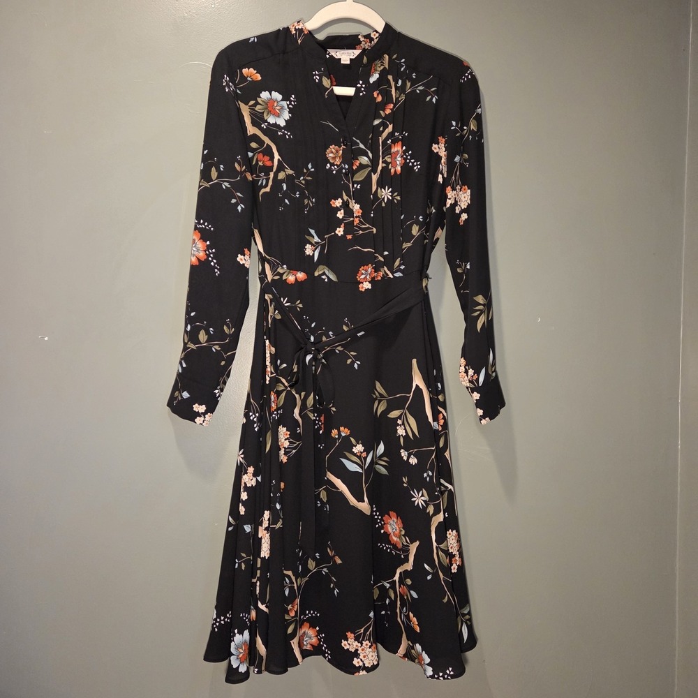 Nanette Lepore Floral Long Sleeve Shirt Dress Tie Waist, Women's‎ Size 2, Black